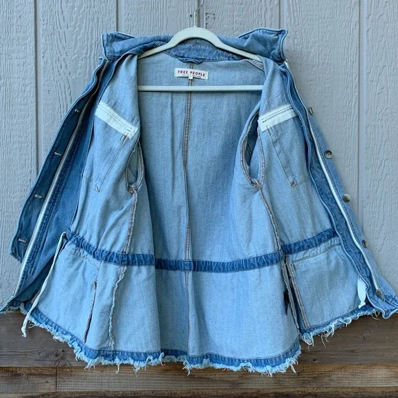 Free People oversized raw, flared hem denim jean jacket, adjustable cinch waist - Picture 14 of 16